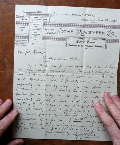1921 memo from the Frome Newspaper Co. following the unveiling of Mells Village Memorial.
